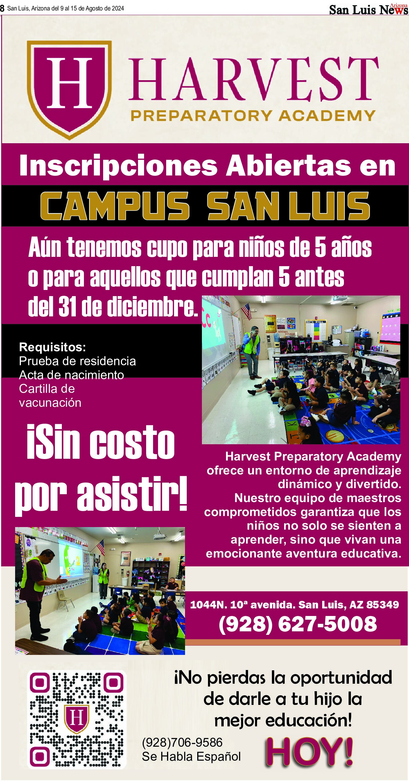 Harvest Preparatory Academy Abre  Inscripciones para Kínder en San Luis
