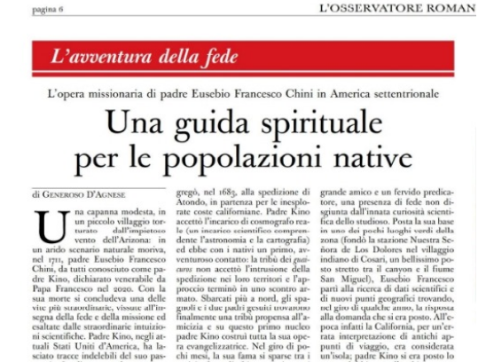 El Padre Kino en Periódico del Papa